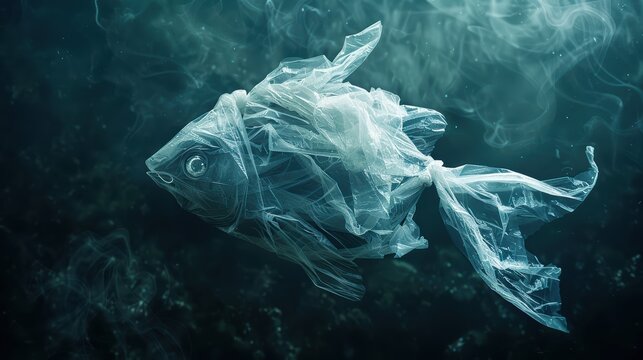 Plastic bag shaped like a fish floats in polluted water, highlighting plastic pollution in oceans and the dangers it poses to marine life