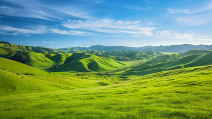 Naklejka premium Lush green hills of New Zealand's South Island with rolling landscapes and scenic beauty.