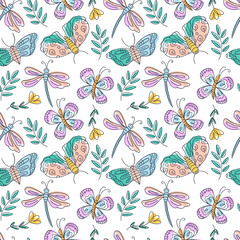 Vector seamless pattern with Groovy and Hippie vibes. Butterflies, dragonflies, and leafs on white background