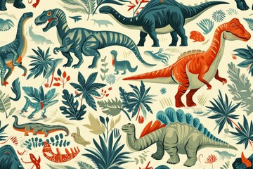 A playful pattern of dinosaurs in a prehistoric setting, AI generated