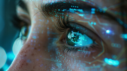 Woman explores augmented reality, where data and graphics are reflected in her eye. The scene is a mixture of reality and virtuality, where digital projections coexist with the surrounding environment