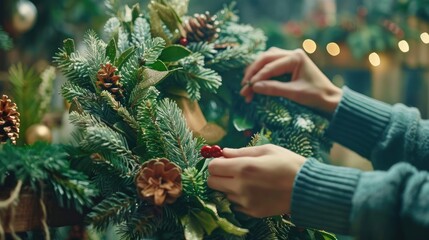 Woman creates Christmas wreath using pine branches for DIY holiday decor Master class for handcrafting ornaments at flower shop