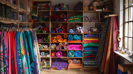 Fototapeta premium A modern tailor's workshop is full of vivid colors thanks to carefully arranged fabrics that tempt with their richness of patterns and textures.