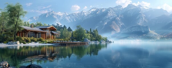Naklejka premium A tranquil lakeside retreat surrounded by towering mountains, where guests relax and unwind amidst stunning natural beauty.