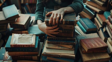 Female student s hands on old books preparing for test in university for self learning and education