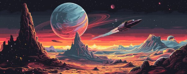 A pixel art illustration of a spaceship exploring a distant planet.