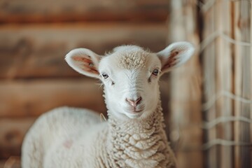 Easter sheep close-up in the farm barn, rustic wooden wall, spring animal concept, close up shot, bokeh background, copy space for text and title.