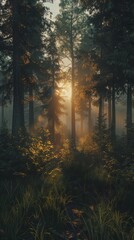 Fototapeta premium Misty Forest Dawn, 4K hyperrealistic photo