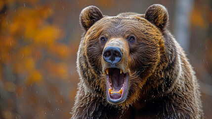 Obraz premium A bear is standing in the rain with its mouth open, showing its teeth