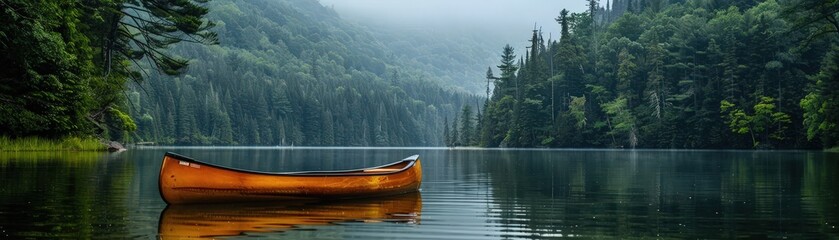 Fototapeta premium A peaceful scene of a wooden canoe floating on a calm lake, enveloped by dense forest and misty hills, capturing the essence of nature's tranquility.