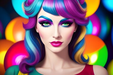 an image of a Colourful, 1970s closeup of a beautiful disco woman, 1970s fashion, retro, vintage, rainbow colors, stylish, retro hairstyle,  Beauty, Glamour, Funky, 