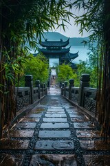 Obraz premium A stone walkway leads to a pagoda in the rain.
