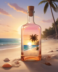 Bottle on the beach, on the beach shells, palm trees, dawn