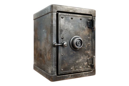 Metal safe with lock isolated on transparent background