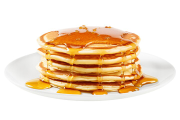 Pancakes drizzled with honey in a plate isolated on a transparent background.