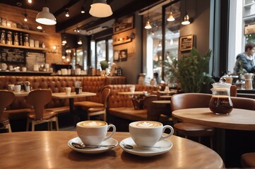 Fototapeta premium Warm light fills a stylish cafe interior with wooden tables and chairs