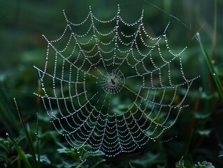 Fototapeta premium Spider's Web with Dew Drops- Photograph a spider's web early in the morning