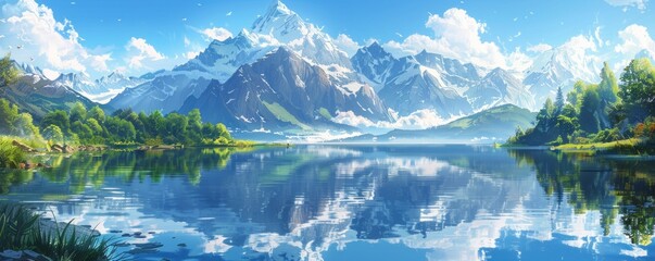 Naklejka premium A serene mountain lake reflecting the snow-capped peaks that surround it.