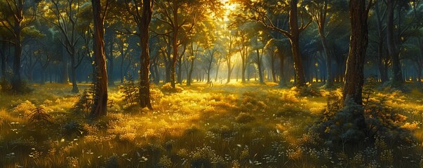 A tranquil forest bathed in the warm glow of the setting sun, casting long shadows through the trees.