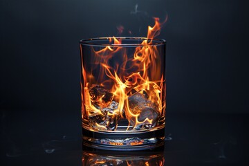 Glass with drink on fire on dark background Generative Ai