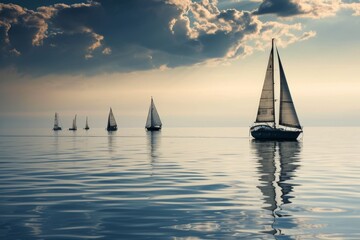 Obraz premium A group of sailboats drifting on a calm sea, AI generated
