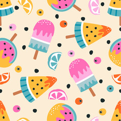 Seamless pattern with summer ice cream and fruits.