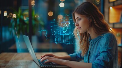 Woman showcasing privacy lock icon on laptop s virtual interface for enhanced security