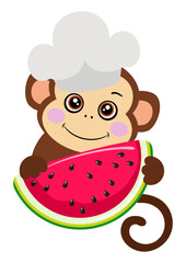 Monkey cook holding slice of fresh watermelon