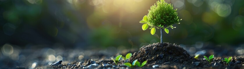 Young Tree Growing in Sunlit Soil with Fresh Green Leaves and Small Sprouts in the Background