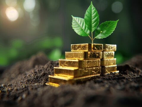 Gold Bars Stacked in Soil with Green Plant Growing on Top, Symbolizing Wealth and Sustainable Growth