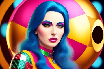 an image of a Colourful, 1970s closeup of a beautiful disco woman, 1970s fashion, retro, vintage, rainbow colors, stylish, retro hairstyle,  Beauty, Glamour, Funky, 