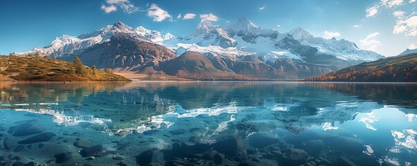 A serene mountain lake reflecting the snow-capped peaks that surround it, its waters crystal clear and inviting.