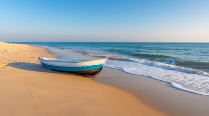 Serene landscapes of coastal areas, with long sandy beaches, turquoise waters, and solitary fishing boats.
