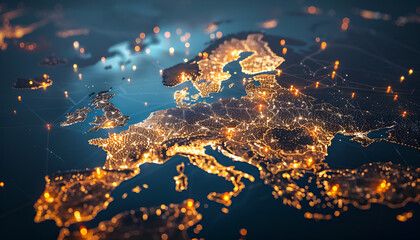 abstract digital map of scandinavia with glowing connections global network concept