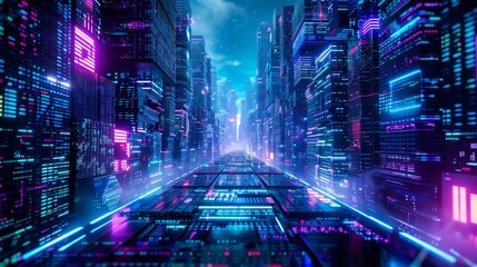 Spectacular 3D representations of abstract cyberpunk cities, featuring futuristic towers, digital advertisements