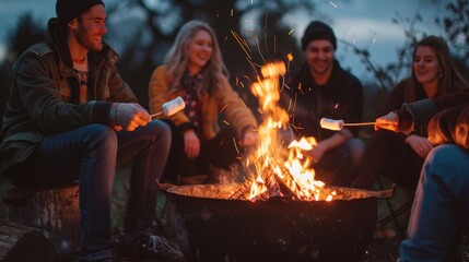 Friends around a campfire, toasting marshmallows, creating lasting memories, and strengthening their bond AIG62