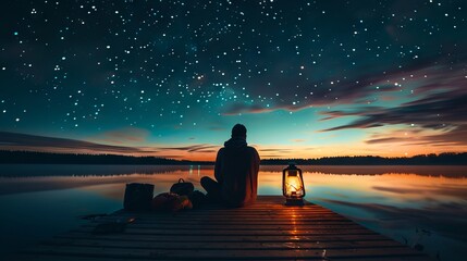 A person sitting on a dock looking at the stars.