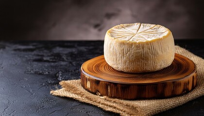 cheese on a wooden stand with a dark background