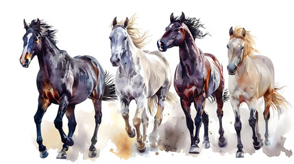 Obraz premium Group of watercolor horses isolated on a white background