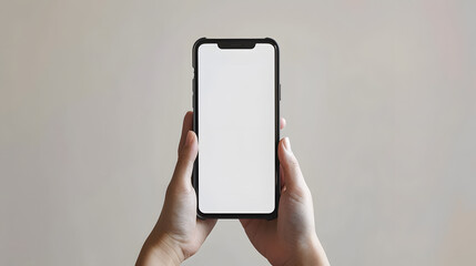 Hand holding smartphone blank display mock up isolated on white background
