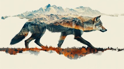 Wolf and snowy mountain double exposure, combining wildlife with rugged terrain.