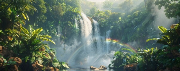 A photorealistic image of a cascading waterfall surrounded by lush greenery, its mist creating a rainbow in the sunlight.