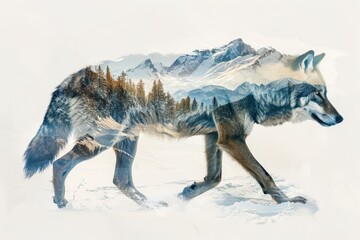 Wolf and snowy mountain double exposure, combining wildlife with rugged terrain.