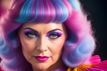 Fototapeta premium an image of a Colourful, 1970s closeup of a beautiful disco woman, 1970s fashion, retro, vintage, rainbow colors, stylish, retro hairstyle, Beauty, Glamour, Funky, 