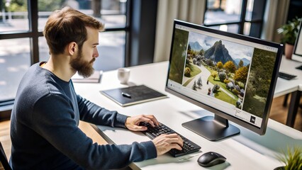 Caucasian Game Designer Crafting Fantasy RPG Worlds with 3D Modeling Software