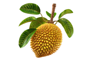 Ripe jack fruit with leaves isolated on transparent background