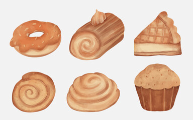 Fall season food. Pie, bread, sweets, cup cake, roll cake, doughnuts illustration