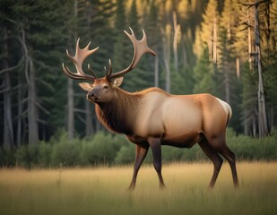 A large male elk with impressive antlers standing in a grassy field with a forested background
