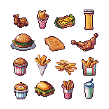 Naklejki Pixel art fast food icons set, including burger, fries, chicken, soda, and more.