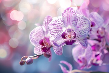 Naklejka premium Beautiful pink and white orchid flowers with purple stripes, close-up, bokeh background, macro photography. High resolution photo of an exotic flower in full bloom. Perfect for floral design, postcard